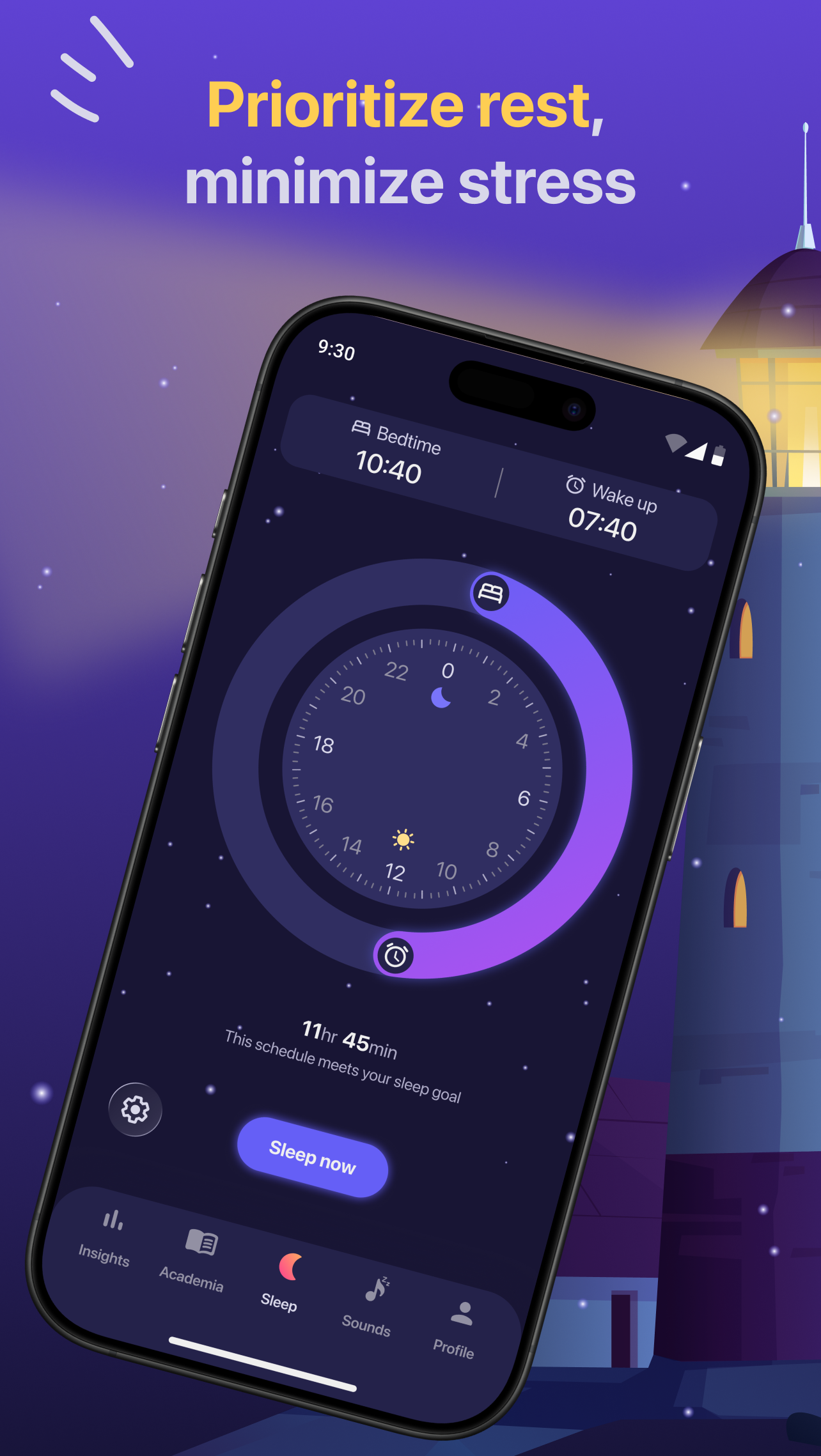 Sleep Tracker app - main sleep screen with alarm clock